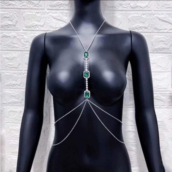Emerald Silver Zircon Body Chain, Elegant, Classy, Minimalist, Punk - Picture 4 of 5